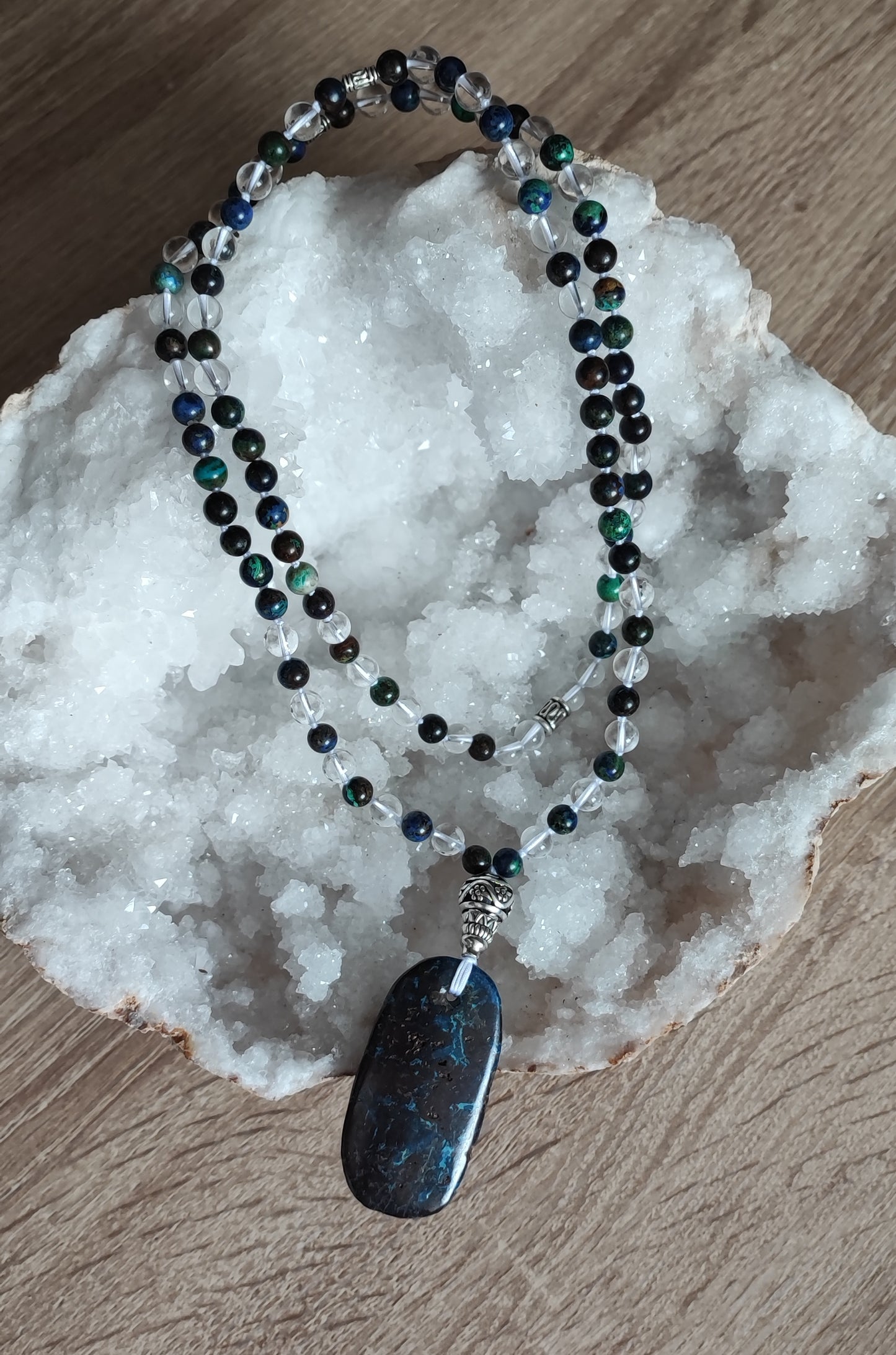 Mala Azurite Chrysocolle Cristal de roche